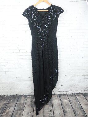 VINTAGE BLACK SEQUIN AND BEADED CAP SLEEVE V NECK GOWN UNIQUE HEMLINE